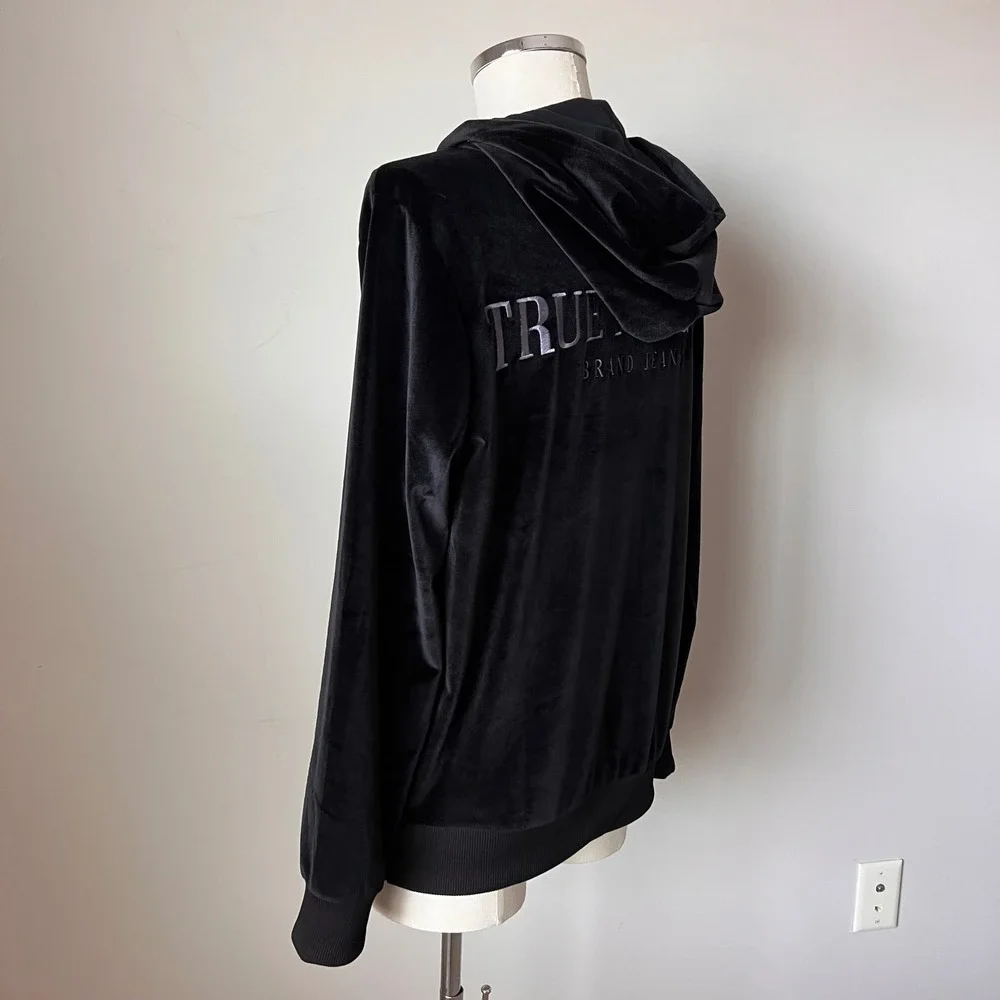 True Religion‎ Mens Black Velour Zip Up Hoodie Horseshoe Velvet Logo Black NWOT